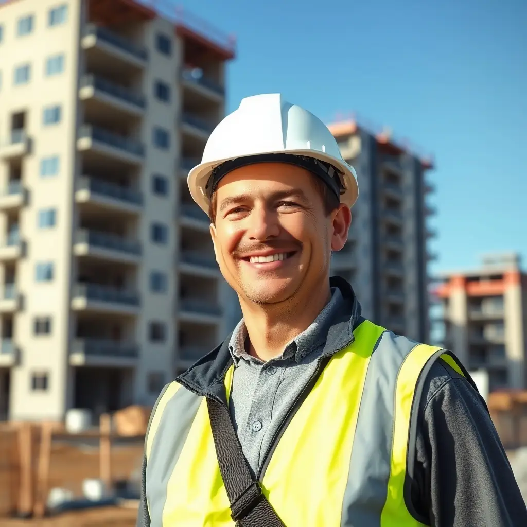 A professional portrait of Carlos Méndez, a construction professional in his late 40s, wearing a hard hat and a reflective vest, smiling confidently.