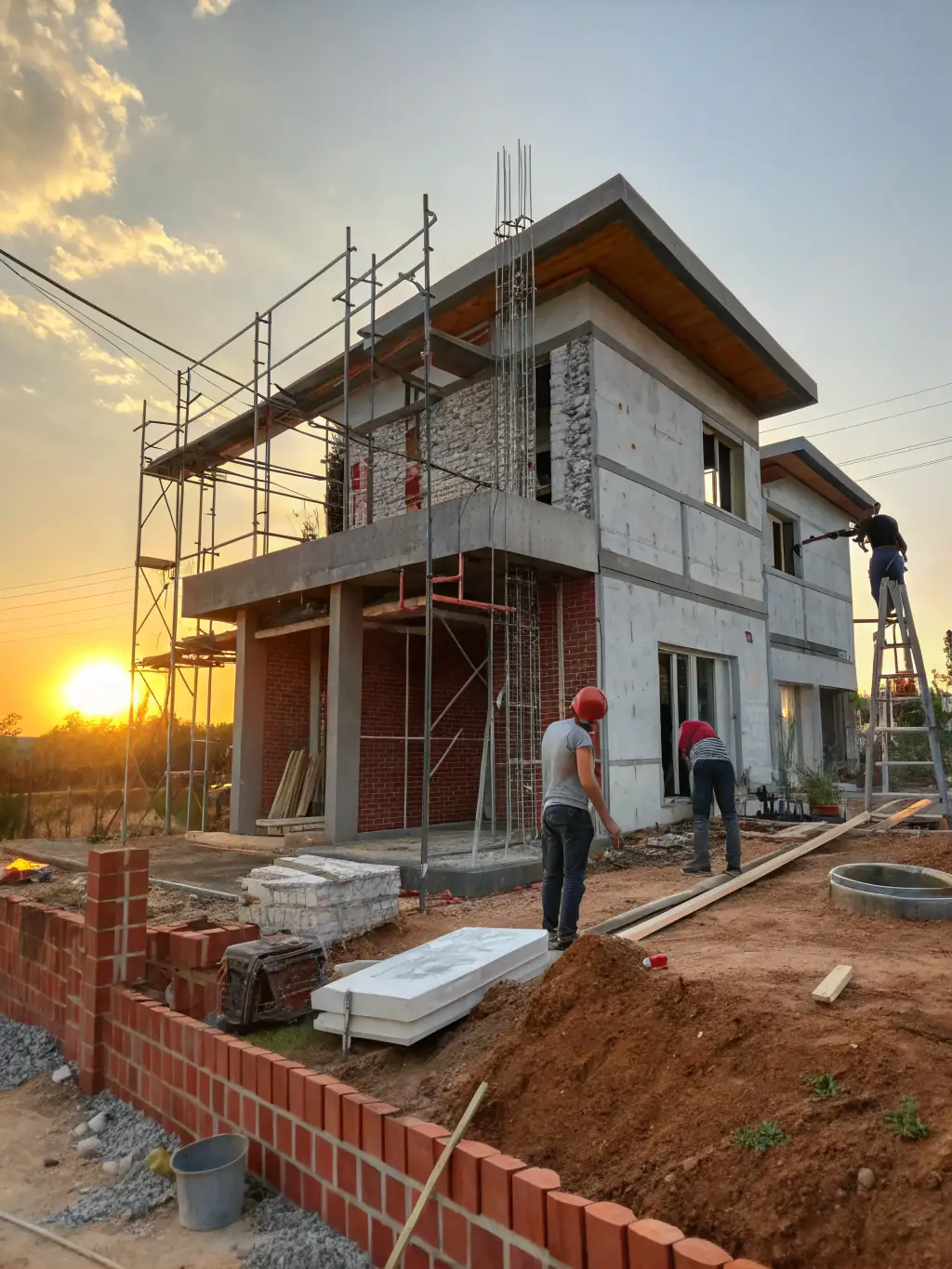 A high-quality photo of a modern house under construction, showcasing the meticulous work and attention to detail that Paredura provides in residential projects.