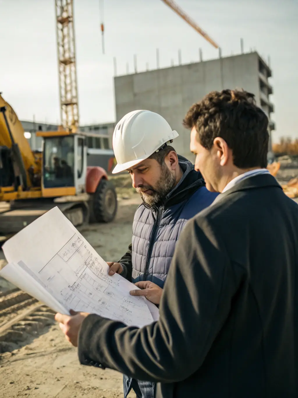A photo of Carlos Méndez, the construction professional behind Paredura, reviewing blueprints with a satisfied client on a construction site.